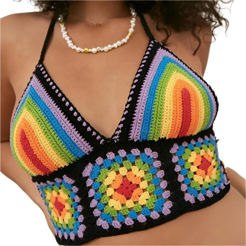Retro Striped Knitted Halter Crop Tops Spaghetti Straps