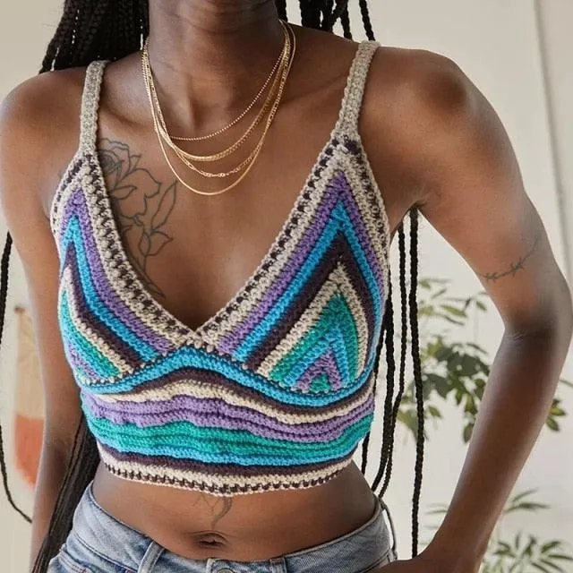 Retro Striped Knitted Halter Crop Tops Spaghetti Straps