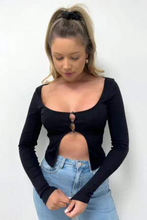 Ribbed Long-sleeve Button Crop Top - Black