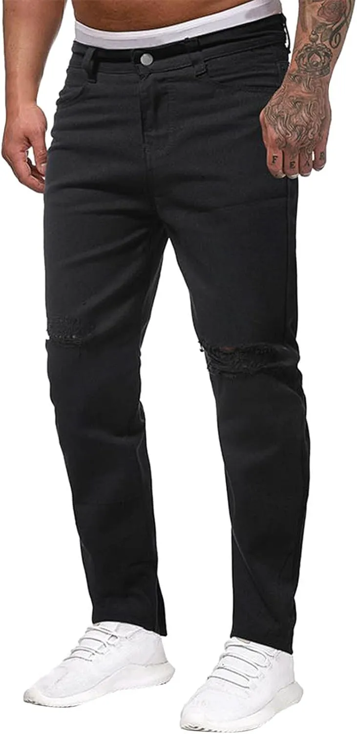 Ripped Jeans Men Relaxed Fit Men's Skinny Distressed Stretch Jeans Pants Hip Hop Biker Stretchy Jeans Tapered Leg