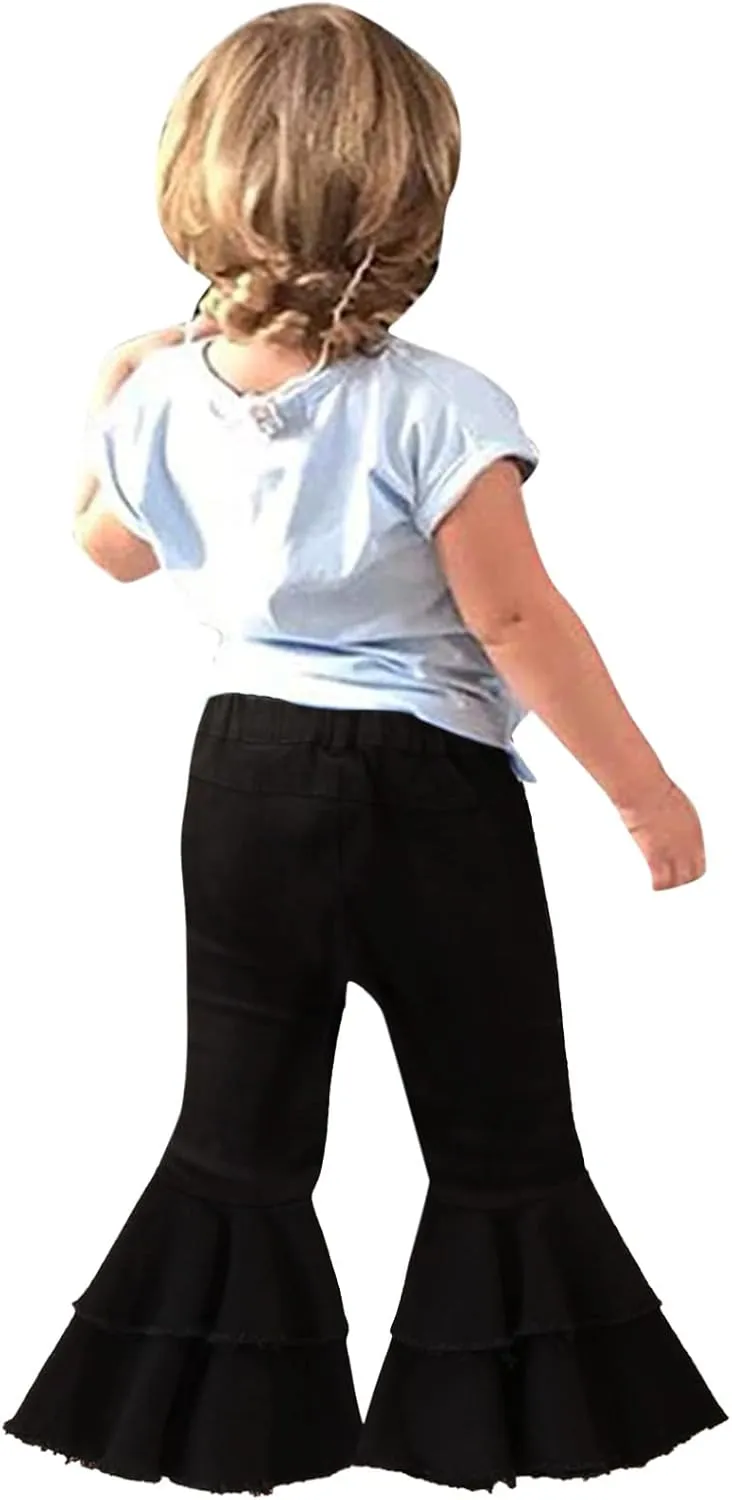 Ripped Jeans Toddler Baby Girl Flared Denim Pants Ruffled Wide Legs Jeans Kids High Waist Bell Bottom Pants Jeans Kids