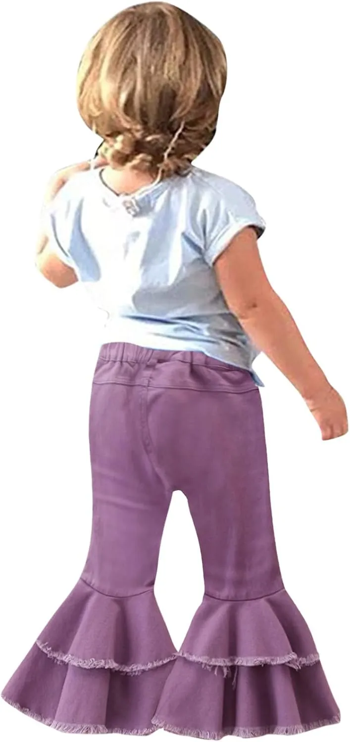Ripped Jeans Toddler Baby Girl Flared Denim Pants Ruffled Wide Legs Jeans Kids High Waist Bell Bottom Pants Jeans Kids