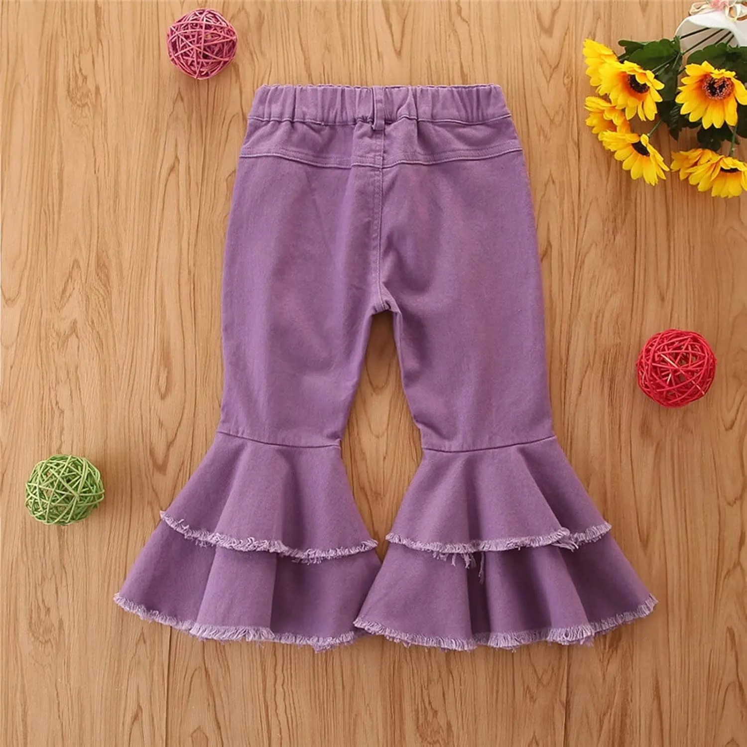 Ripped Jeans Toddler Baby Girl Flared Denim Pants Ruffled Wide Legs Jeans Kids High Waist Bell Bottom Pants Jeans Kids