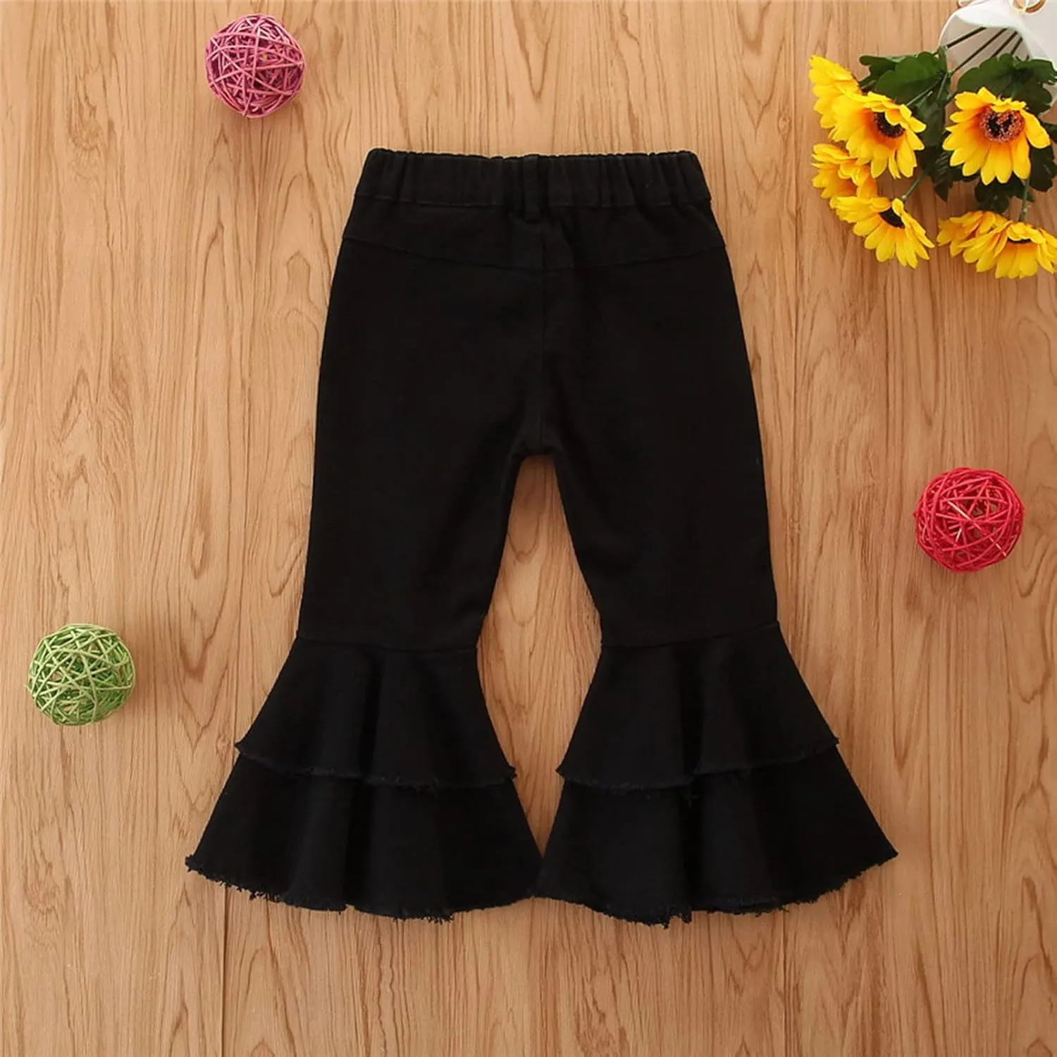 Ripped Jeans Toddler Baby Girl Flared Denim Pants Ruffled Wide Legs Jeans Kids High Waist Bell Bottom Pants Jeans Kids