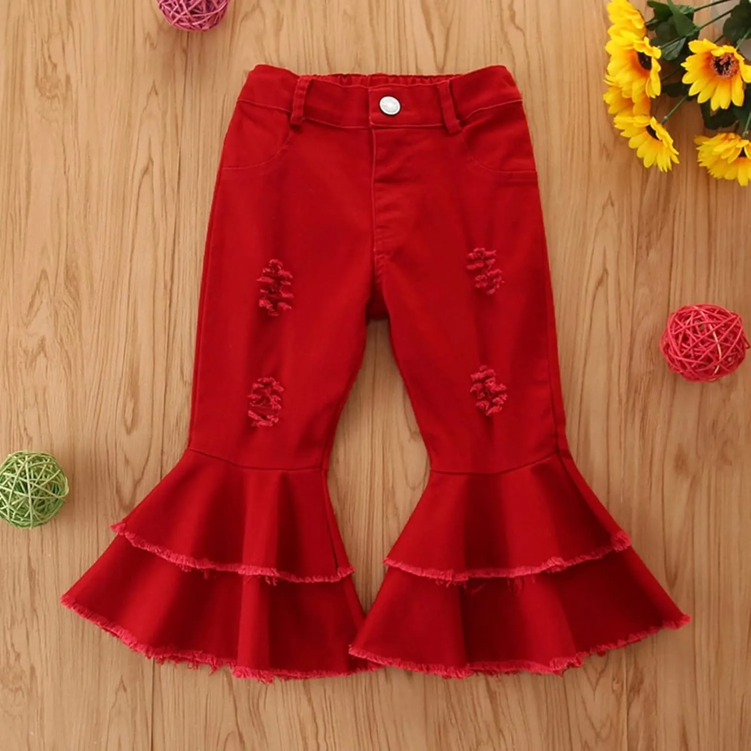 Ripped Jeans Toddler Baby Girl Flared Denim Pants Ruffled Wide Legs Jeans Kids High Waist Bell Bottom Pants Jeans Kids