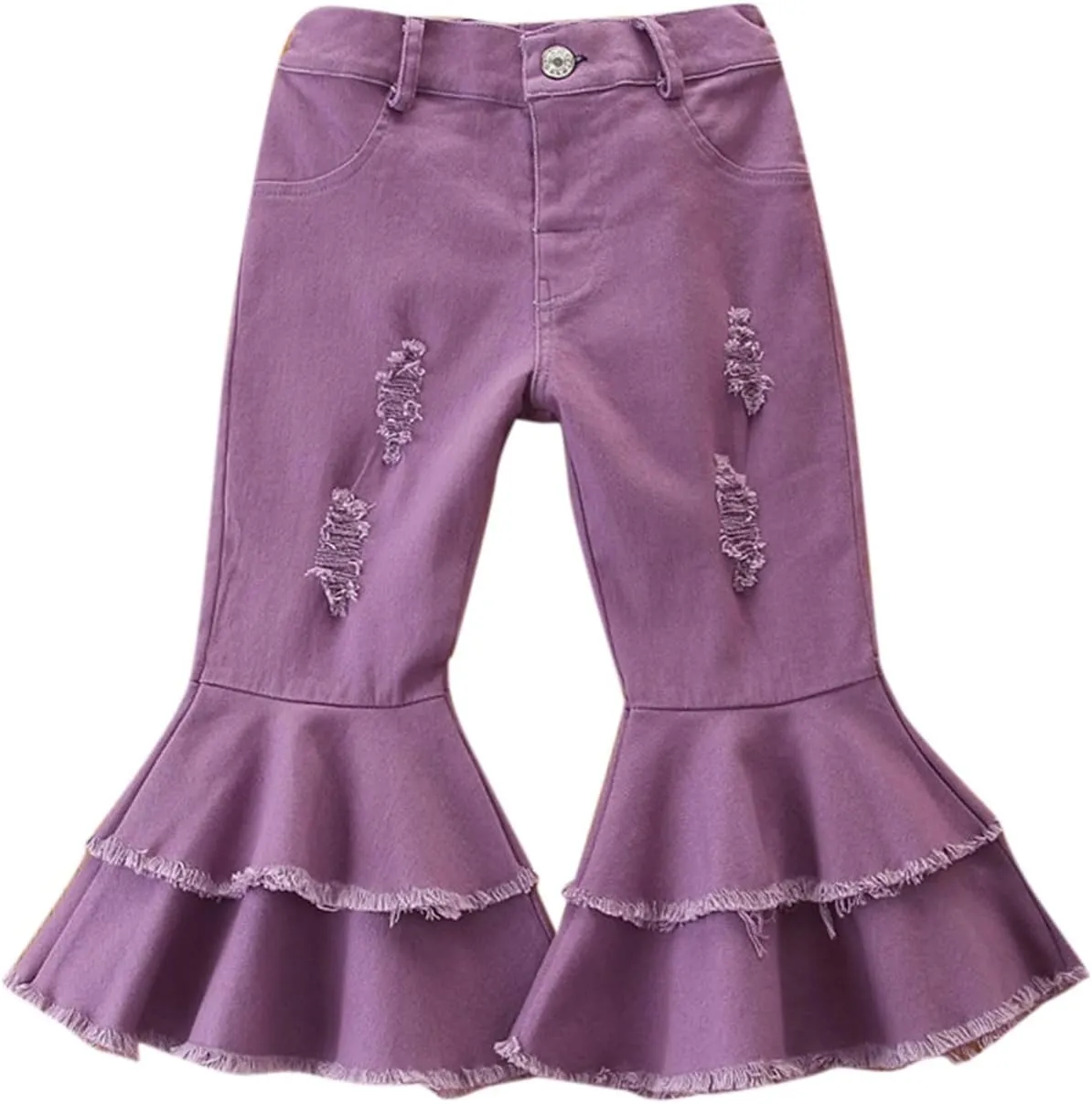 Ripped Jeans Toddler Baby Girl Flared Denim Pants Ruffled Wide Legs Jeans Kids High Waist Bell Bottom Pants Jeans Kids