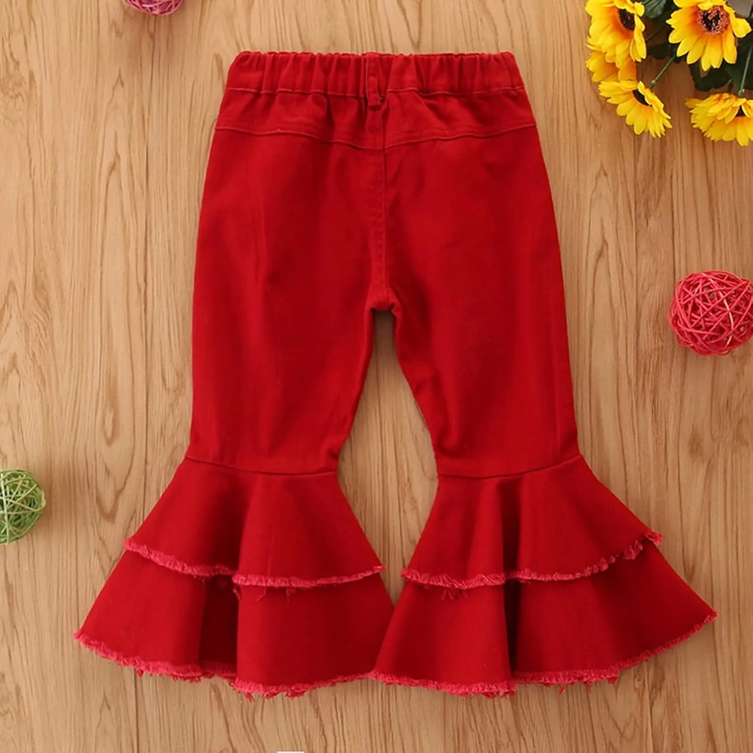 Ripped Jeans Toddler Baby Girl Flared Denim Pants Ruffled Wide Legs Jeans Kids High Waist Bell Bottom Pants Jeans Kids