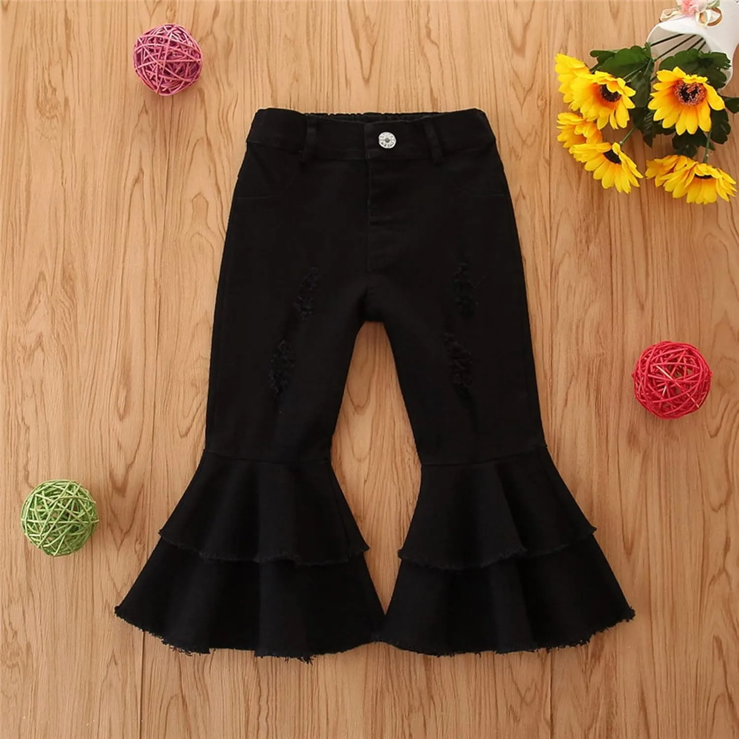 Ripped Jeans Toddler Baby Girl Flared Denim Pants Ruffled Wide Legs Jeans Kids High Waist Bell Bottom Pants Jeans Kids