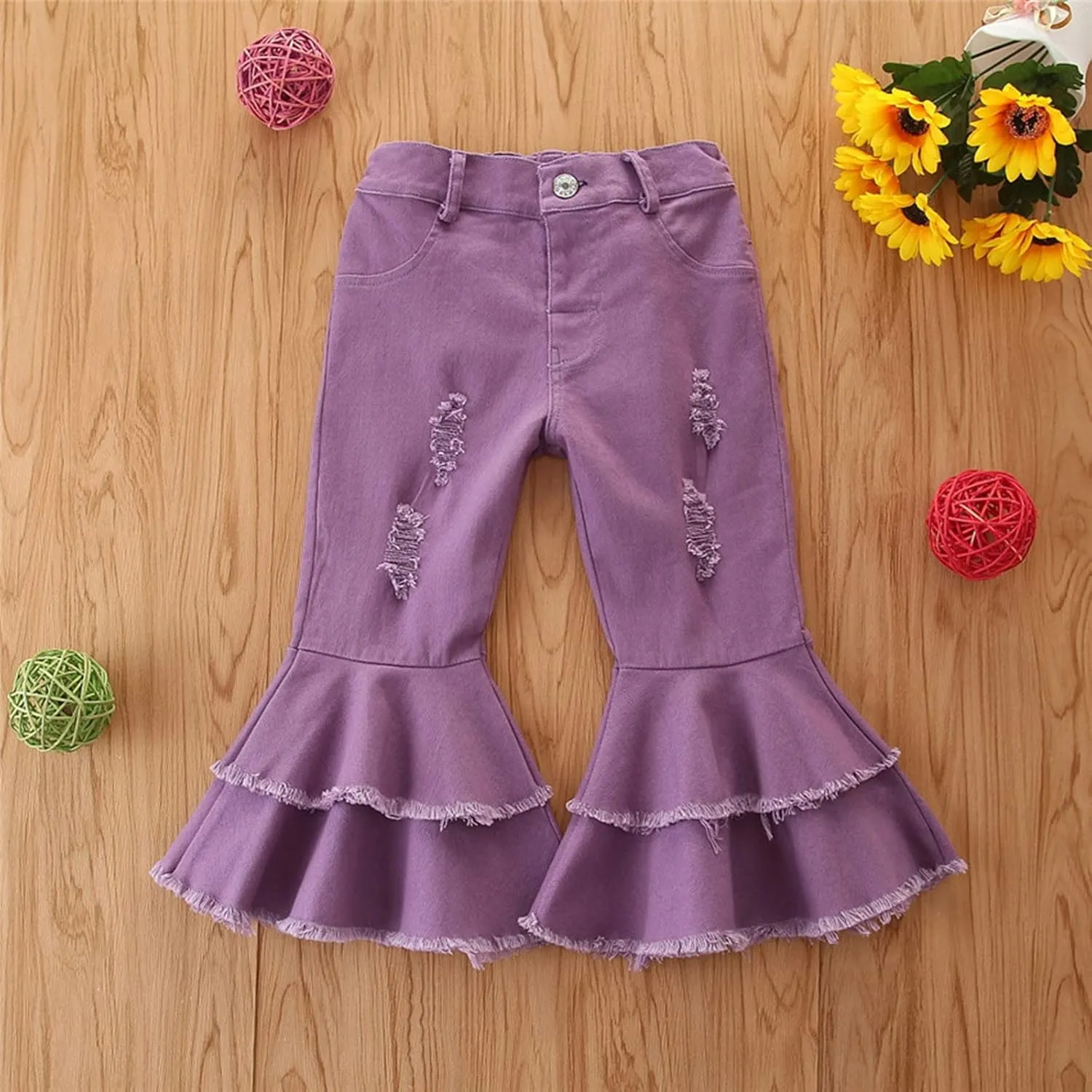 Ripped Jeans Toddler Baby Girl Flared Denim Pants Ruffled Wide Legs Jeans Kids High Waist Bell Bottom Pants Jeans Kids