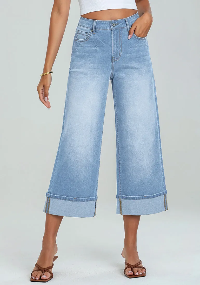 Roadnight Blue Women's High Waisted Wide Leg Denim Jeans Cuffed Hem Baggy Pockets Capri Pants