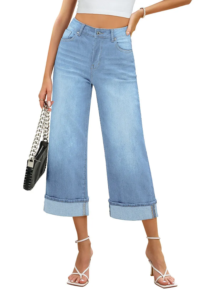 Roadnight Blue Women's High Waisted Wide Leg Denim Jeans Cuffed Hem Baggy Pockets Capri Pants