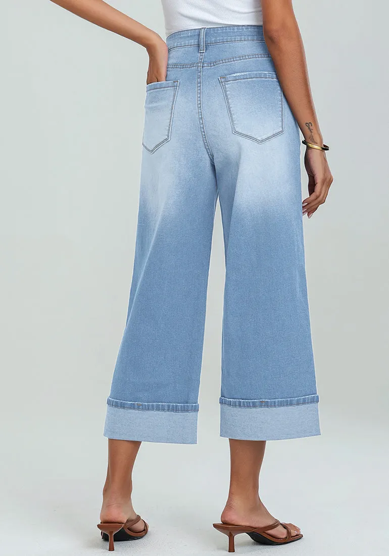 Roadnight Blue Women's High Waisted Wide Leg Denim Jeans Cuffed Hem Baggy Pockets Capri Pants