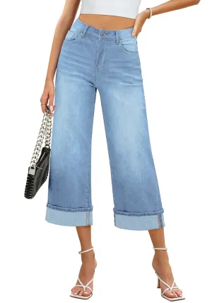 Roadnight Blue Women's High Waisted Wide Leg Denim Jeans Cuffed Hem Baggy Pockets Capri Pants