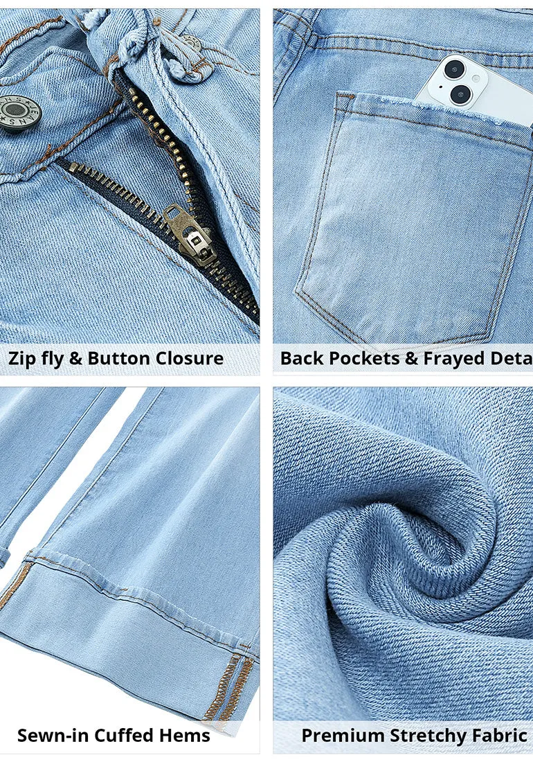 Roadnight Blue Women's High Waisted Wide Leg Denim Jeans Cuffed Hem Baggy Pockets Capri Pants