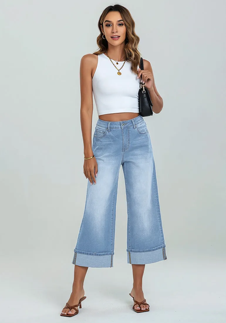 Roadnight Blue Women's High Waisted Wide Leg Denim Jeans Cuffed Hem Baggy Pockets Capri Pants