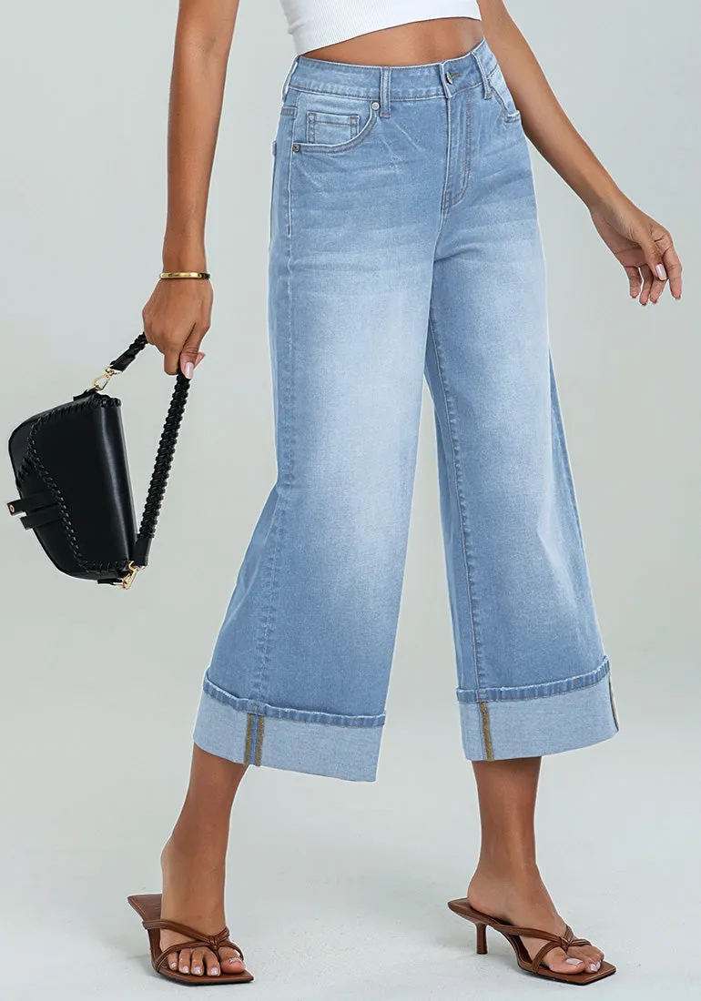 Roadnight Blue Women's High Waisted Wide Leg Denim Jeans Cuffed Hem Baggy Pockets Capri Pants