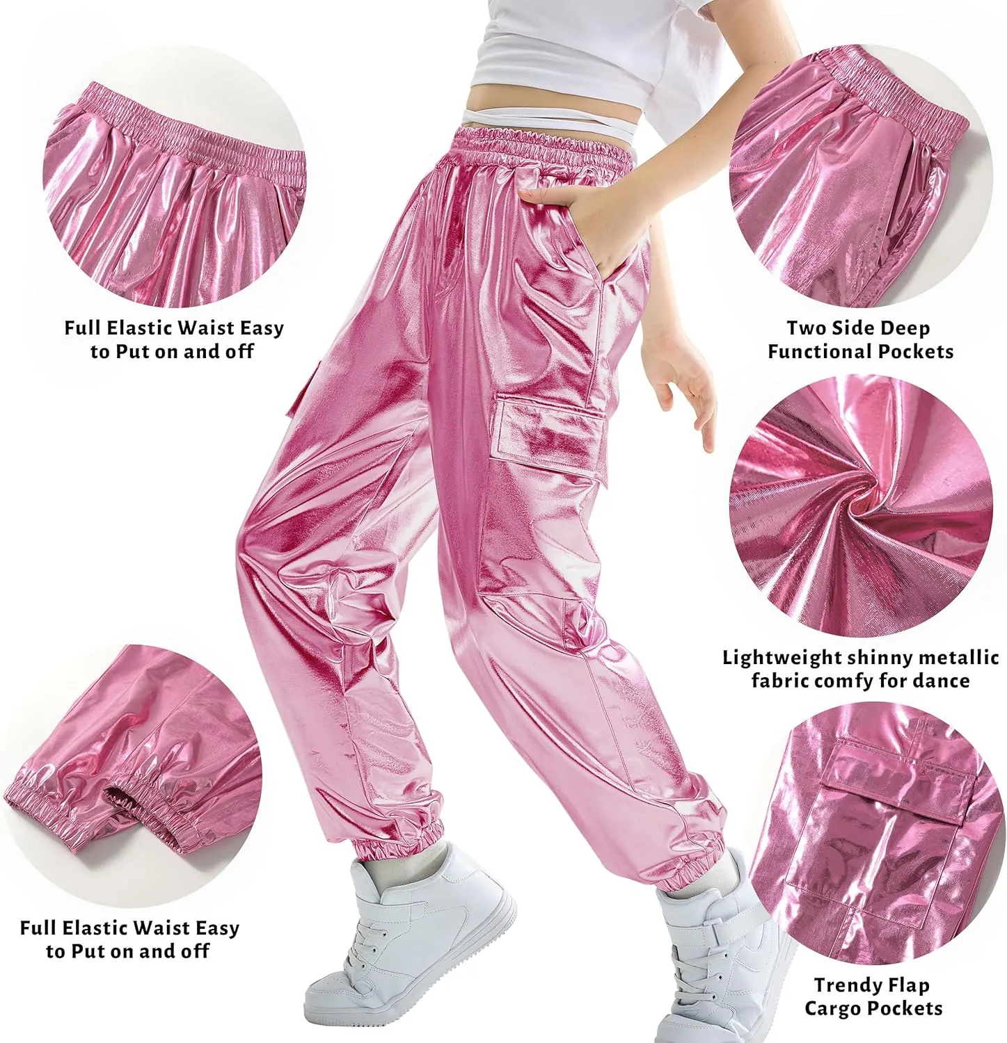 Rolanko Girls Shiny Metallic Cargo Pants, Sparkle Jogger Pants for Girls Hip Hop Dance Streetwear Cargo Trousers 6-15 Years