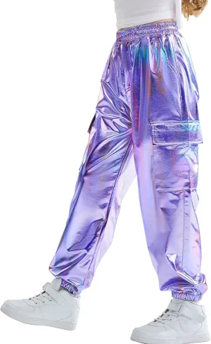 Rolanko Girls Shiny Metallic Cargo Pants, Sparkle Jogger Pants for Girls Hip Hop Dance Streetwear Cargo Trousers 6-15 Years