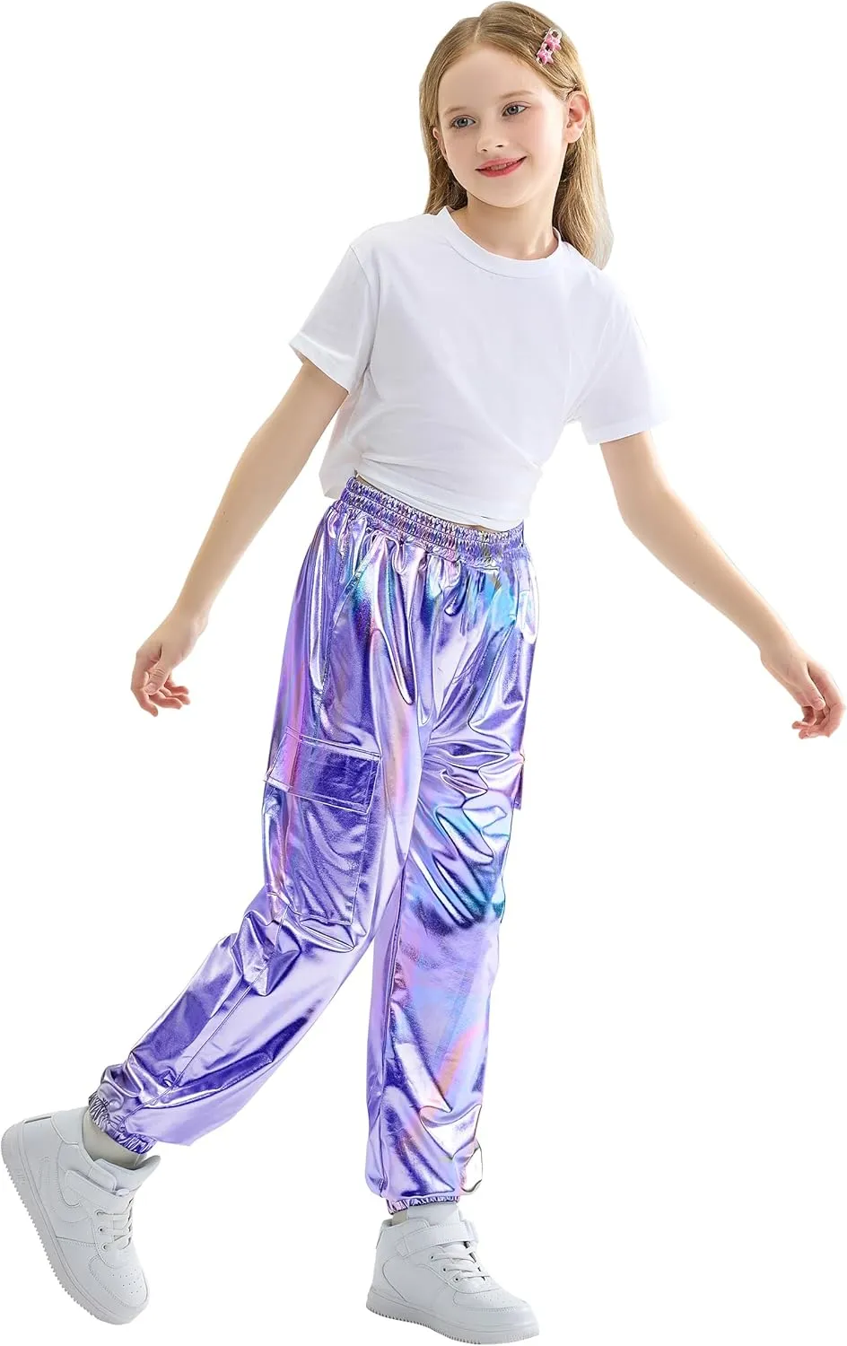 Rolanko Girls Shiny Metallic Cargo Pants, Sparkle Jogger Pants for Girls Hip Hop Dance Streetwear Cargo Trousers 6-15 Years