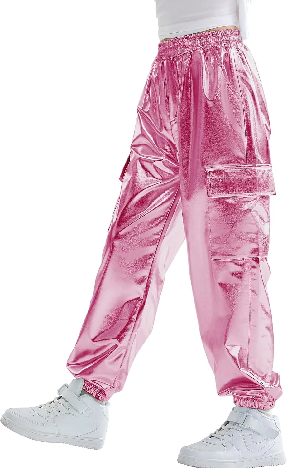 Rolanko Girls Shiny Metallic Cargo Pants, Sparkle Jogger Pants for Girls Hip Hop Dance Streetwear Cargo Trousers 6-15 Years
