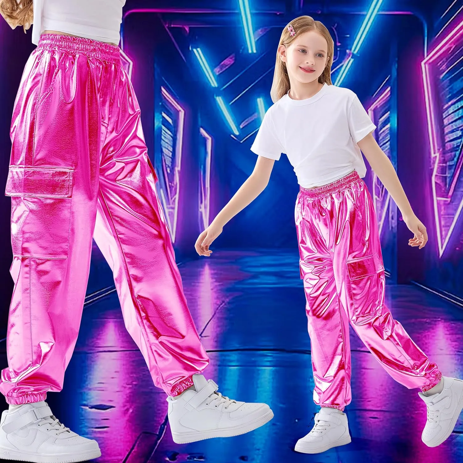 Rolanko Girls Shiny Metallic Cargo Pants, Sparkle Jogger Pants for Girls Hip Hop Dance Streetwear Cargo Trousers 6-15 Years