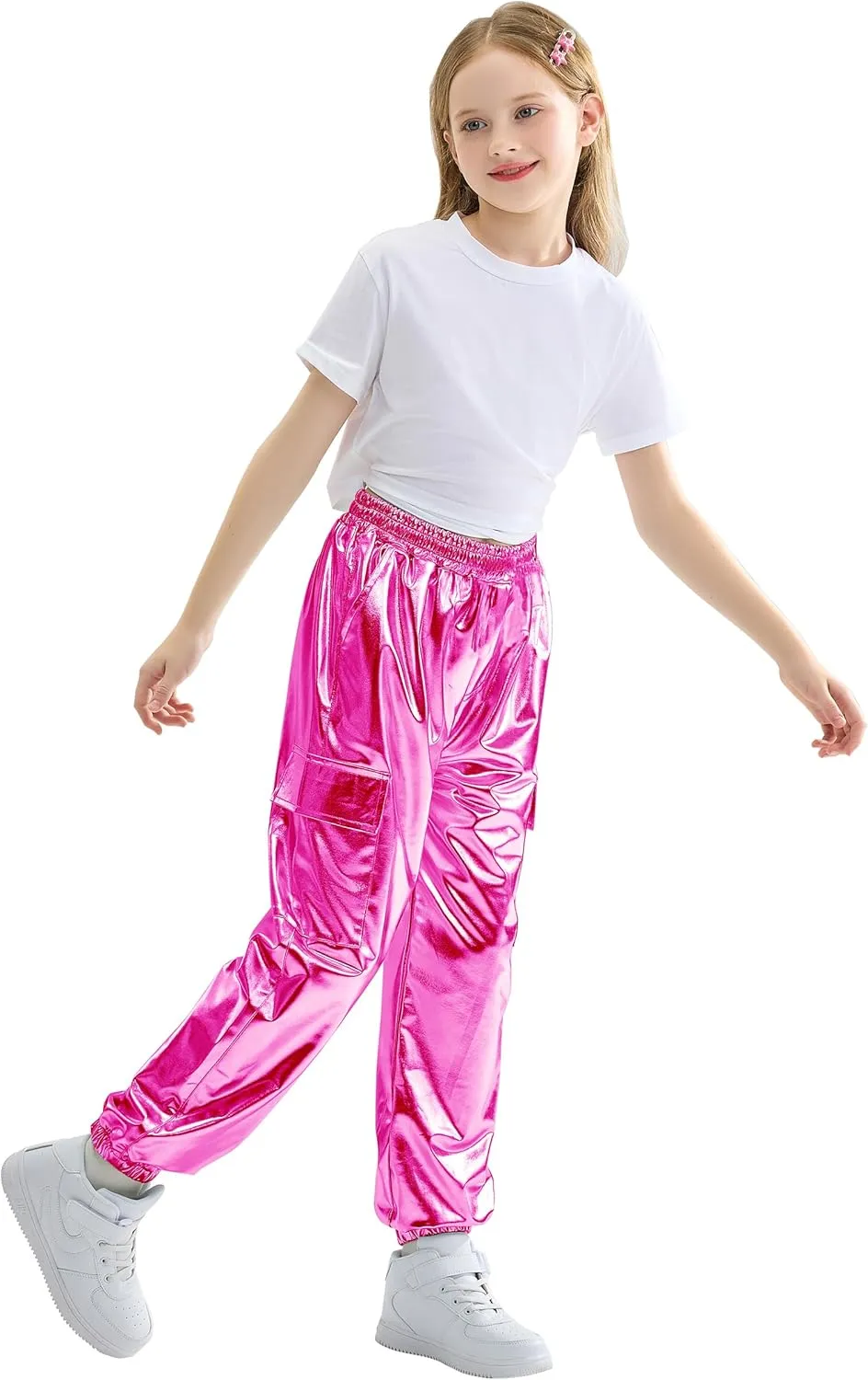 Rolanko Girls Shiny Metallic Cargo Pants, Sparkle Jogger Pants for Girls Hip Hop Dance Streetwear Cargo Trousers 6-15 Years