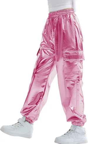 Rolanko Girls Shiny Metallic Cargo Pants, Sparkle Jogger Pants for Girls Hip Hop Dance Streetwear Cargo Trousers 6-15 Years