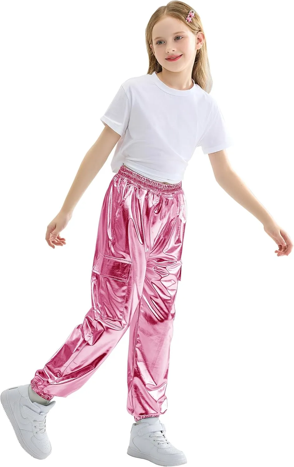 Rolanko Girls Shiny Metallic Cargo Pants, Sparkle Jogger Pants for Girls Hip Hop Dance Streetwear Cargo Trousers 6-15 Years
