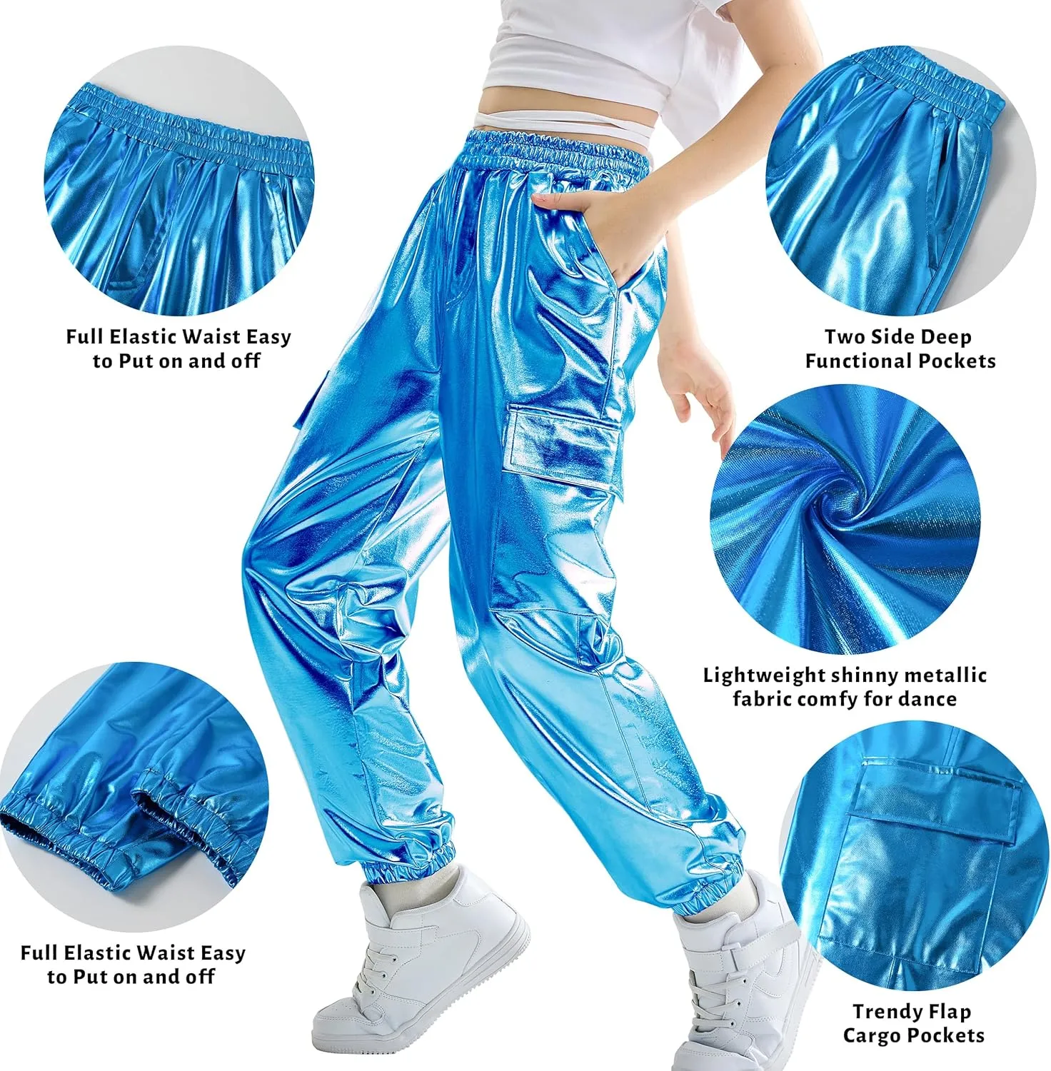 Rolanko Girls Shiny Metallic Cargo Pants, Sparkle Jogger Pants for Girls Hip Hop Dance Streetwear Cargo Trousers 6-15 Years