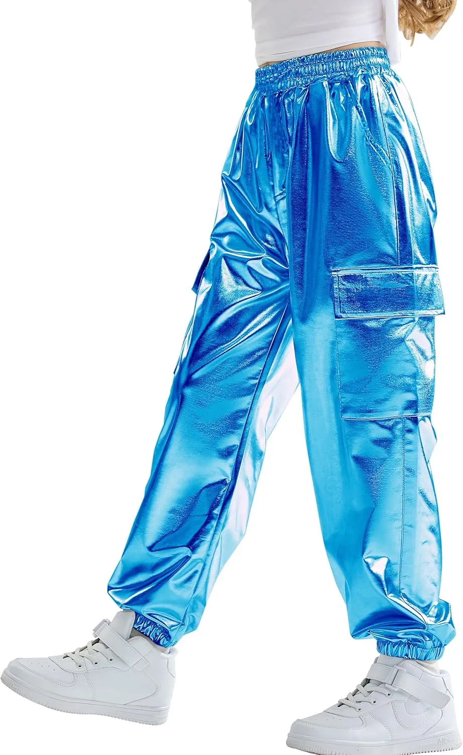 Rolanko Girls Shiny Metallic Cargo Pants, Sparkle Jogger Pants for Girls Hip Hop Dance Streetwear Cargo Trousers 6-15 Years