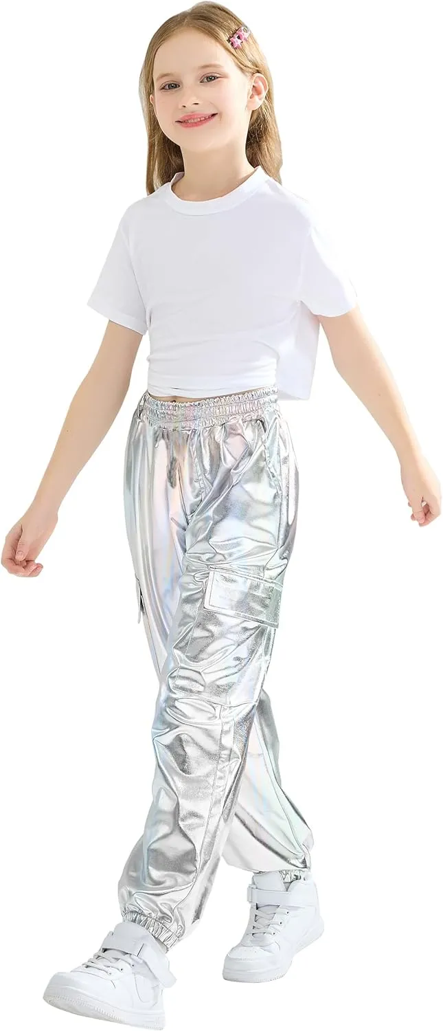 Rolanko Girls Shiny Metallic Cargo Pants, Sparkle Jogger Pants for Girls Hip Hop Dance Streetwear Cargo Trousers 6-15 Years