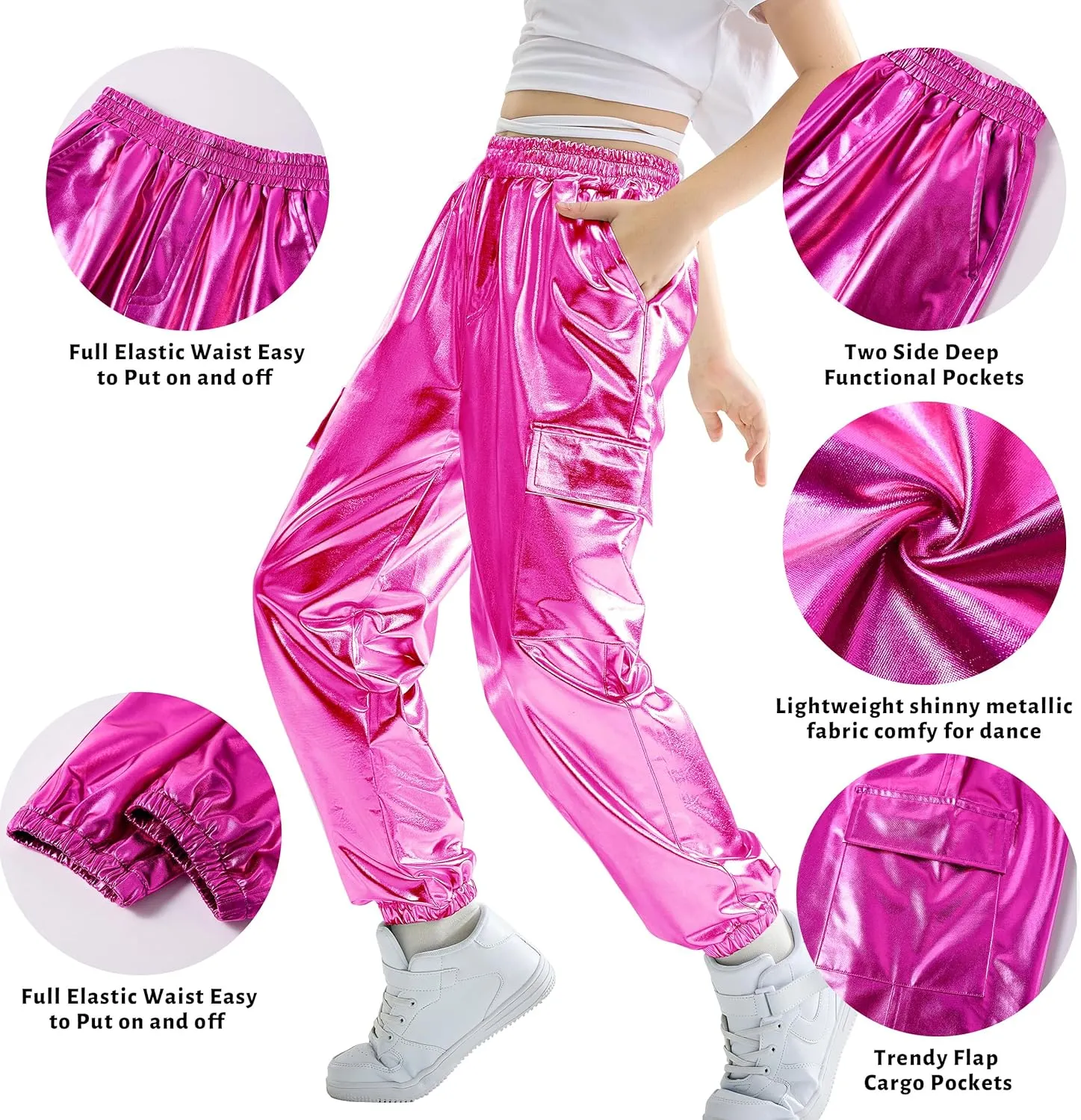 Rolanko Girls Shiny Metallic Cargo Pants, Sparkle Jogger Pants for Girls Hip Hop Dance Streetwear Cargo Trousers 6-15 Years