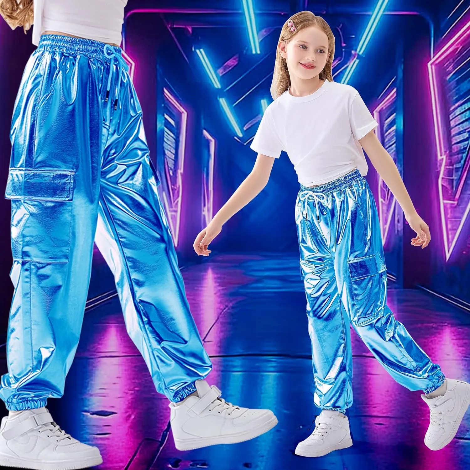 Rolanko Girls Shiny Metallic Cargo Pants, Sparkle Jogger Pants for Girls Hip Hop Dance Streetwear Cargo Trousers 6-15 Years