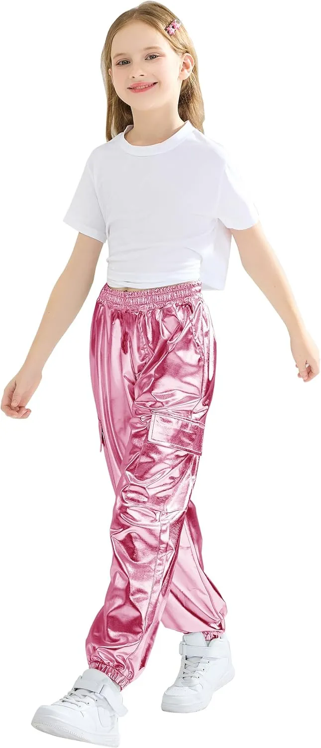 Rolanko Girls Shiny Metallic Cargo Pants, Sparkle Jogger Pants for Girls Hip Hop Dance Streetwear Cargo Trousers 6-15 Years