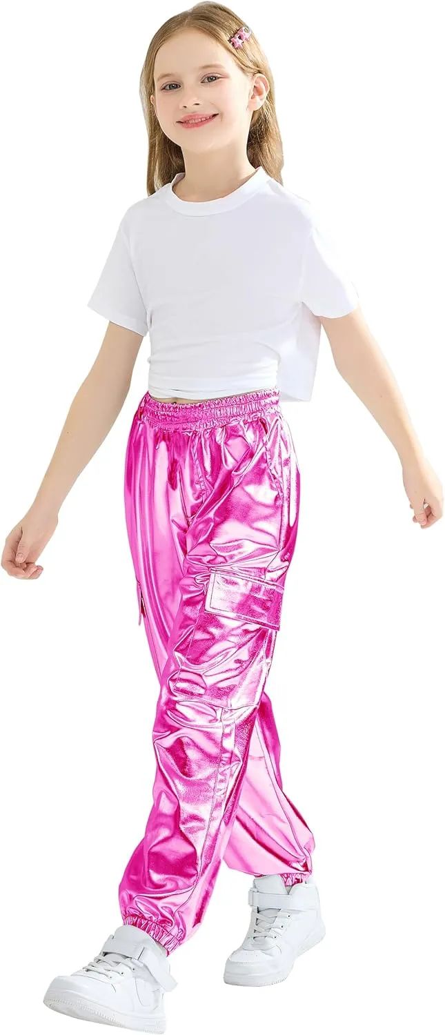 Rolanko Girls Shiny Metallic Cargo Pants, Sparkle Jogger Pants for Girls Hip Hop Dance Streetwear Cargo Trousers 6-15 Years