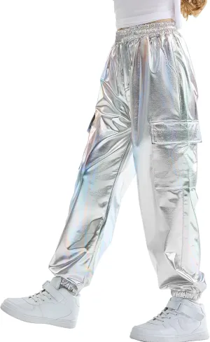 Rolanko Girls Shiny Metallic Cargo Pants, Sparkle Jogger Pants for Girls Hip Hop Dance Streetwear Cargo Trousers 6-15 Years