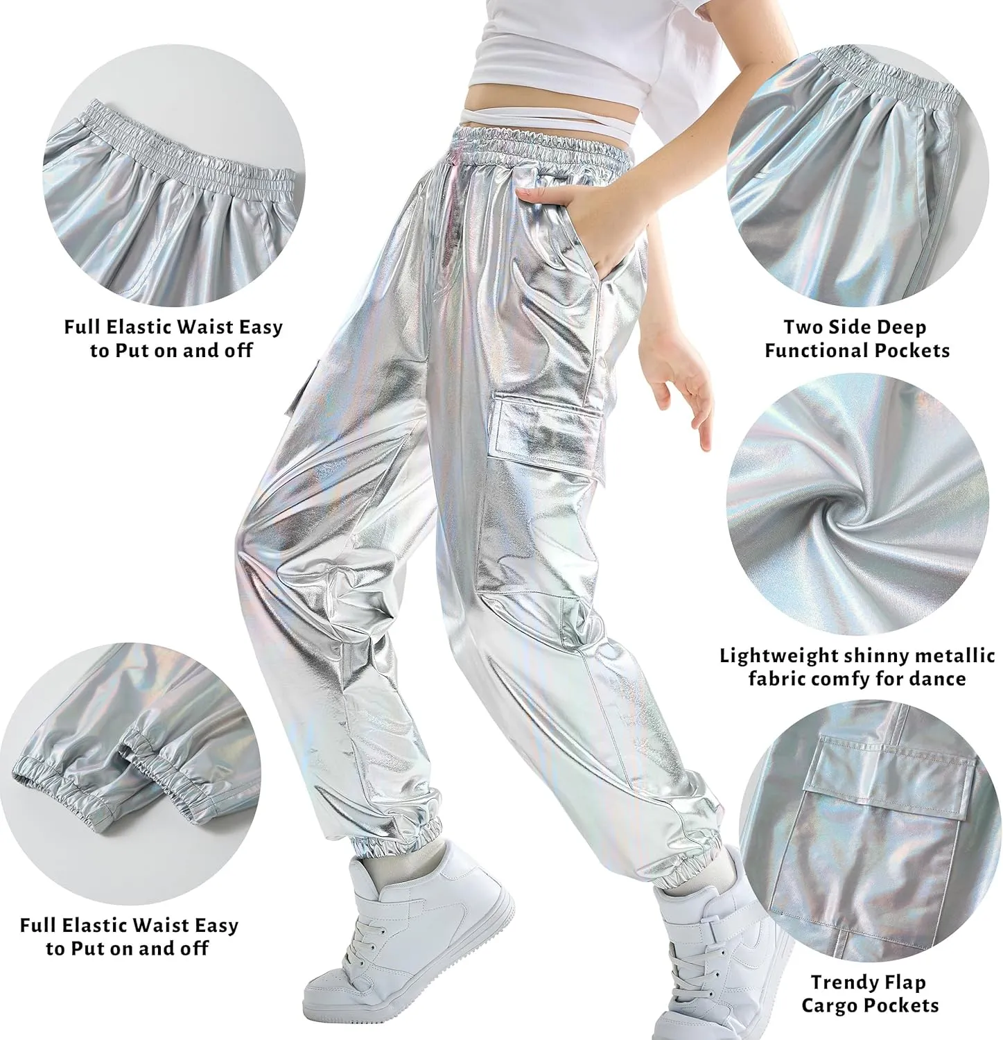 Rolanko Girls Shiny Metallic Cargo Pants, Sparkle Jogger Pants for Girls Hip Hop Dance Streetwear Cargo Trousers 6-15 Years