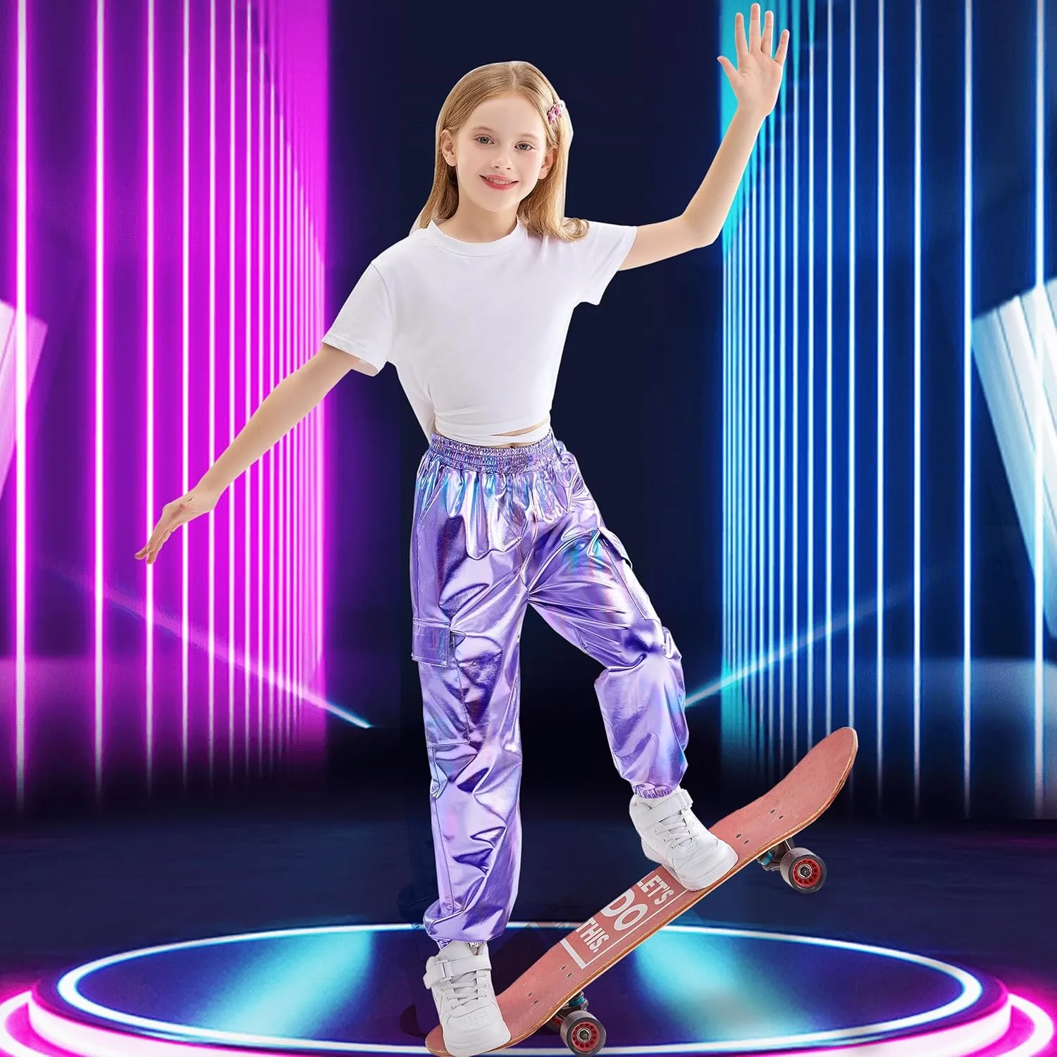 Rolanko Girls Shiny Metallic Cargo Pants, Sparkle Jogger Pants for Girls Hip Hop Dance Streetwear Cargo Trousers 6-15 Years