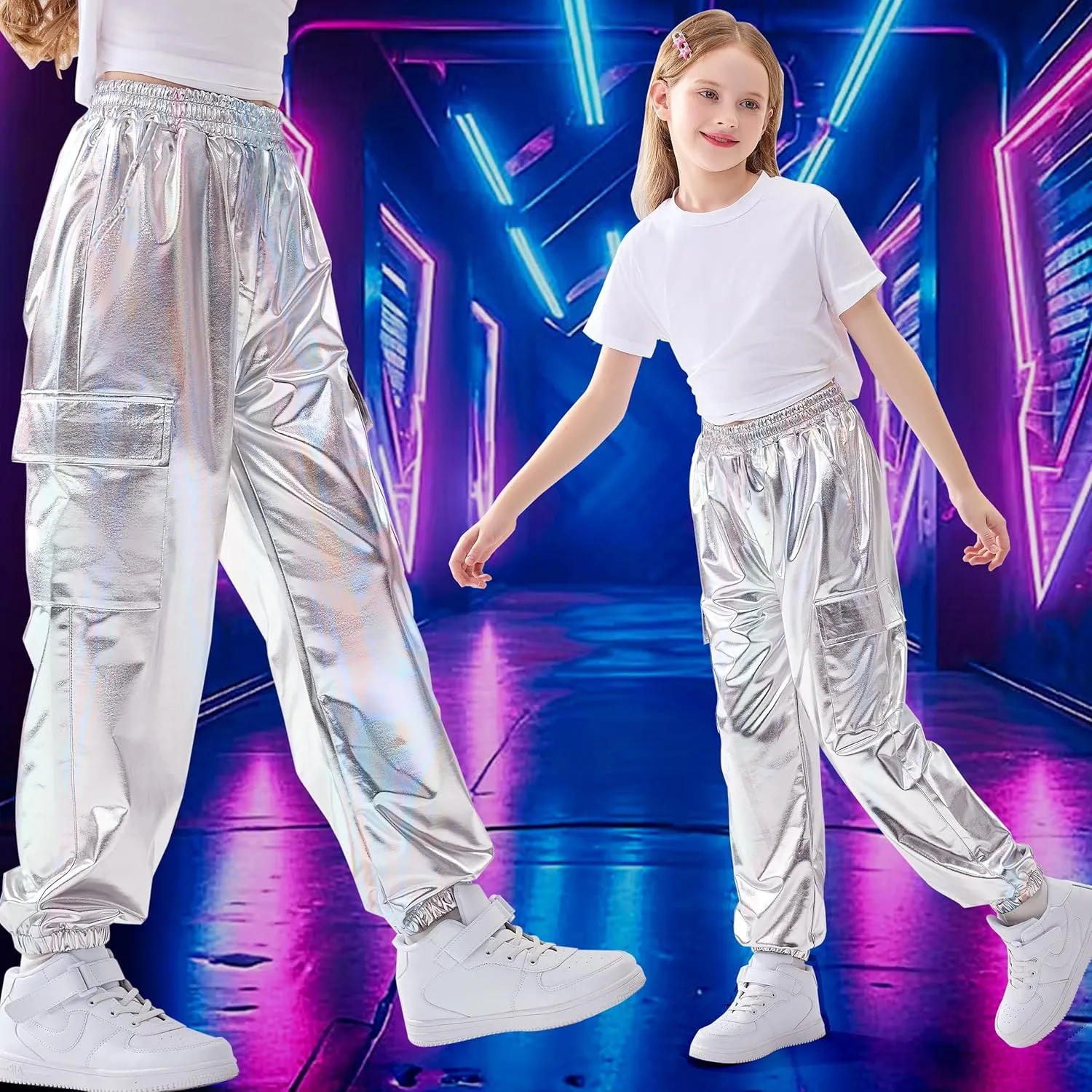 Rolanko Girls Shiny Metallic Cargo Pants, Sparkle Jogger Pants for Girls Hip Hop Dance Streetwear Cargo Trousers 6-15 Years