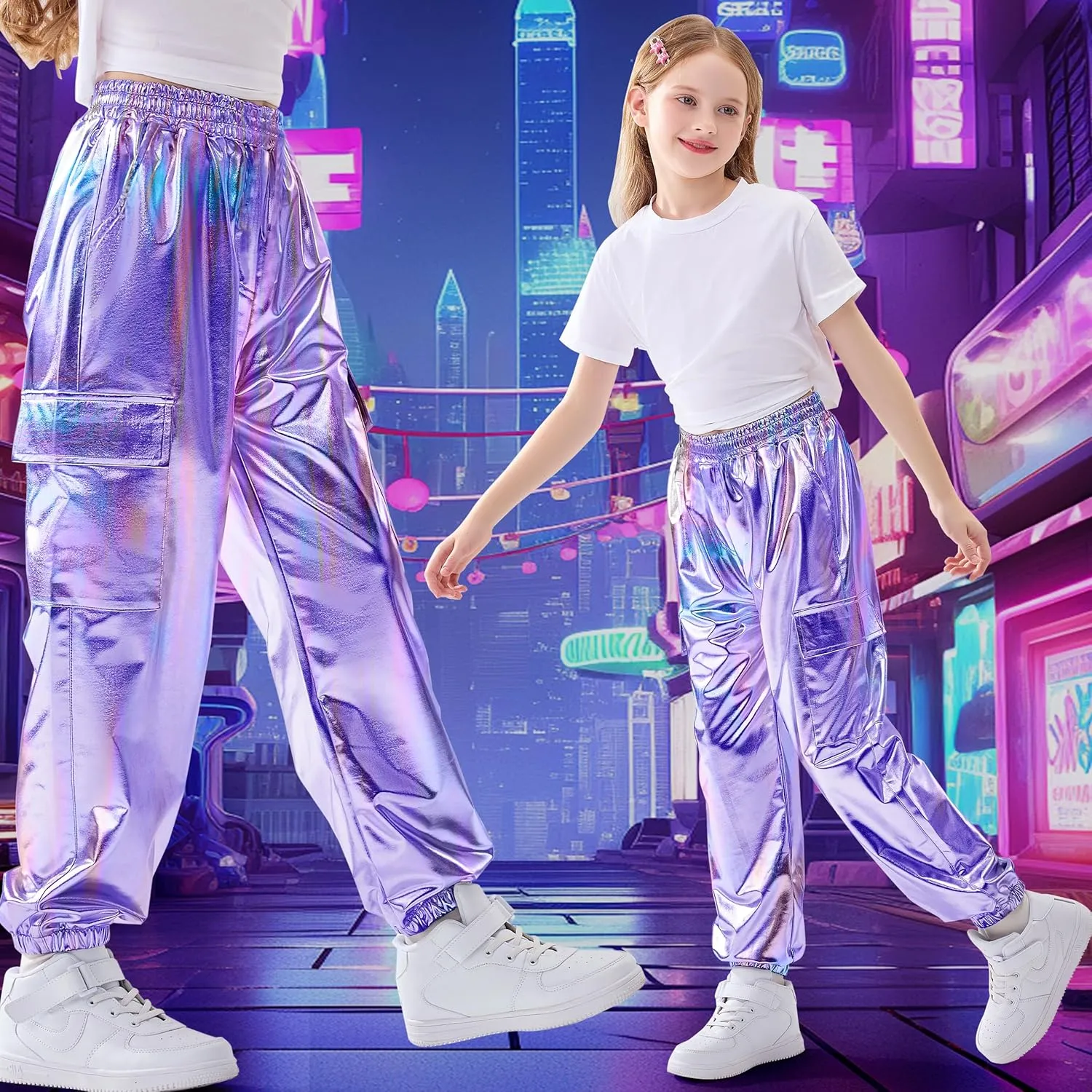 Rolanko Girls Shiny Metallic Cargo Pants, Sparkle Jogger Pants for Girls Hip Hop Dance Streetwear Cargo Trousers 6-15 Years