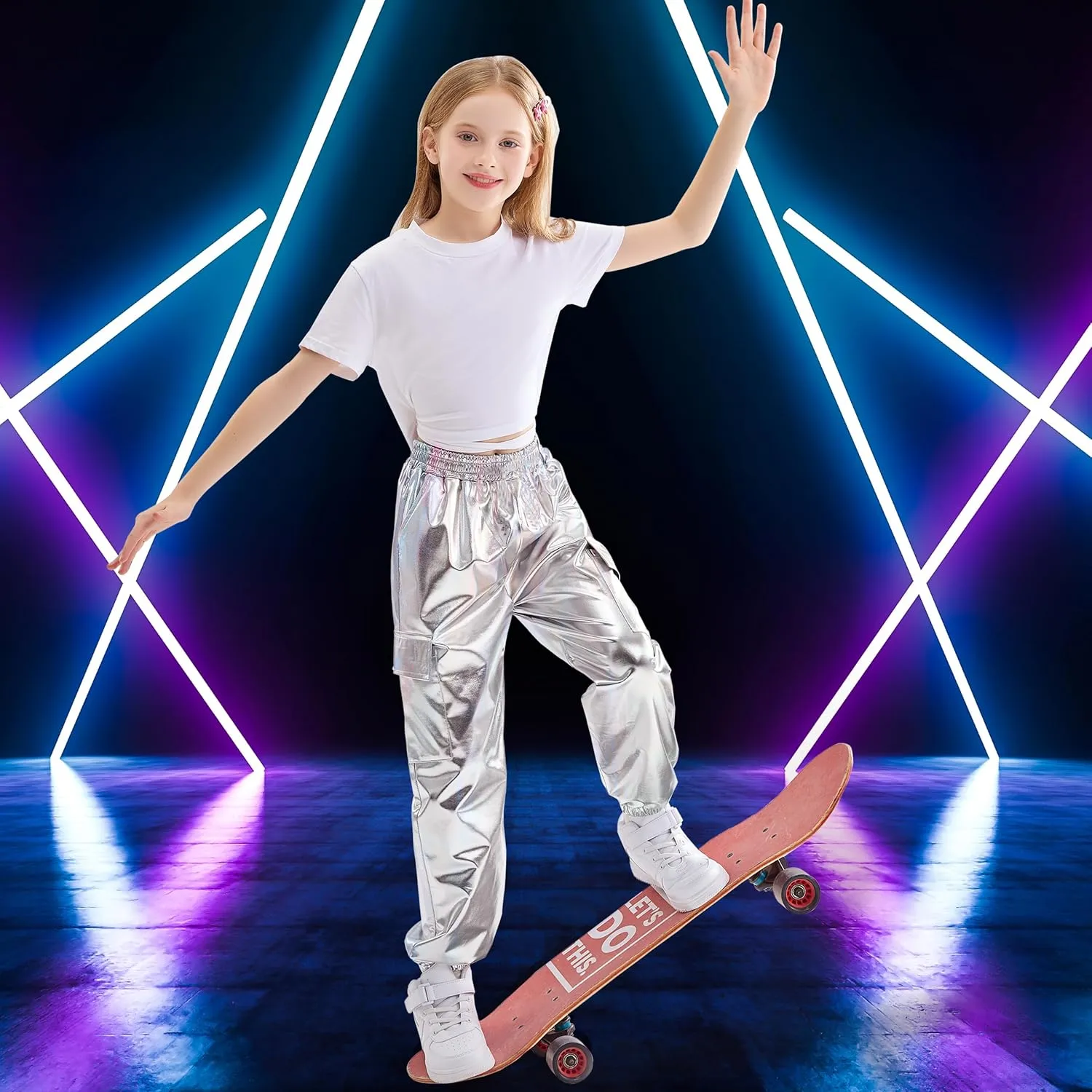 Rolanko Girls Shiny Metallic Cargo Pants, Sparkle Jogger Pants for Girls Hip Hop Dance Streetwear Cargo Trousers 6-15 Years