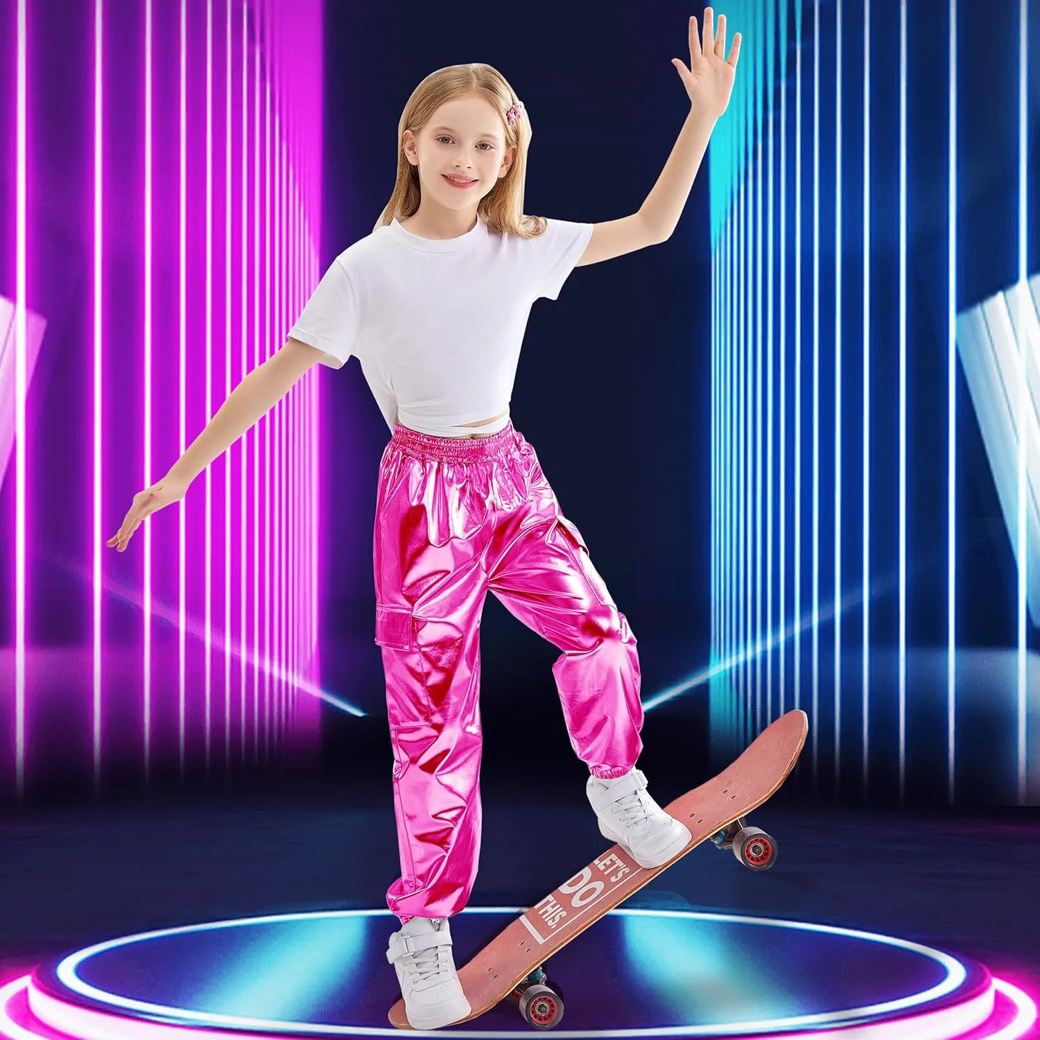 Rolanko Girls Shiny Metallic Cargo Pants, Sparkle Jogger Pants for Girls Hip Hop Dance Streetwear Cargo Trousers 6-15 Years