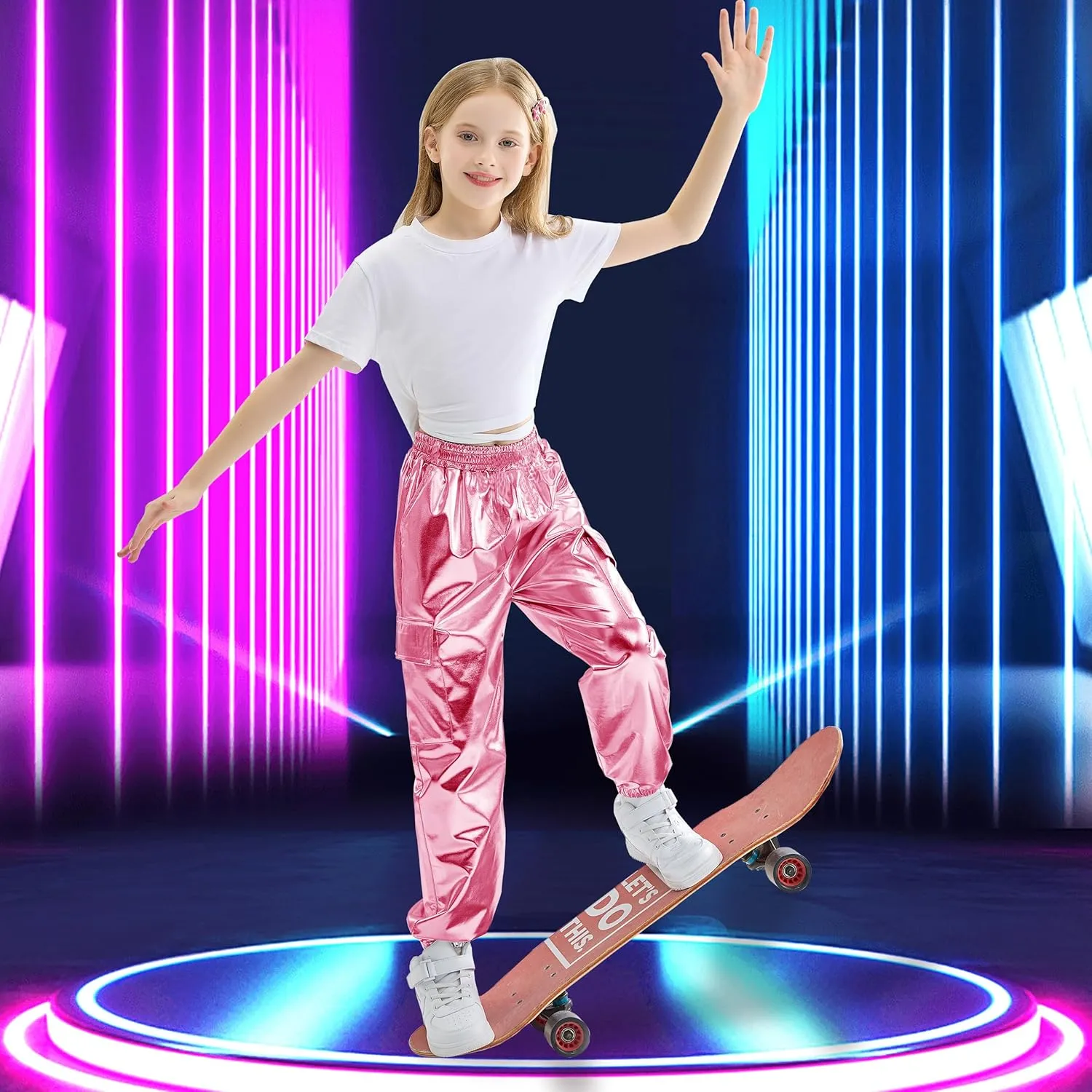 Rolanko Girls Shiny Metallic Cargo Pants, Sparkle Jogger Pants for Girls Hip Hop Dance Streetwear Cargo Trousers 6-15 Years