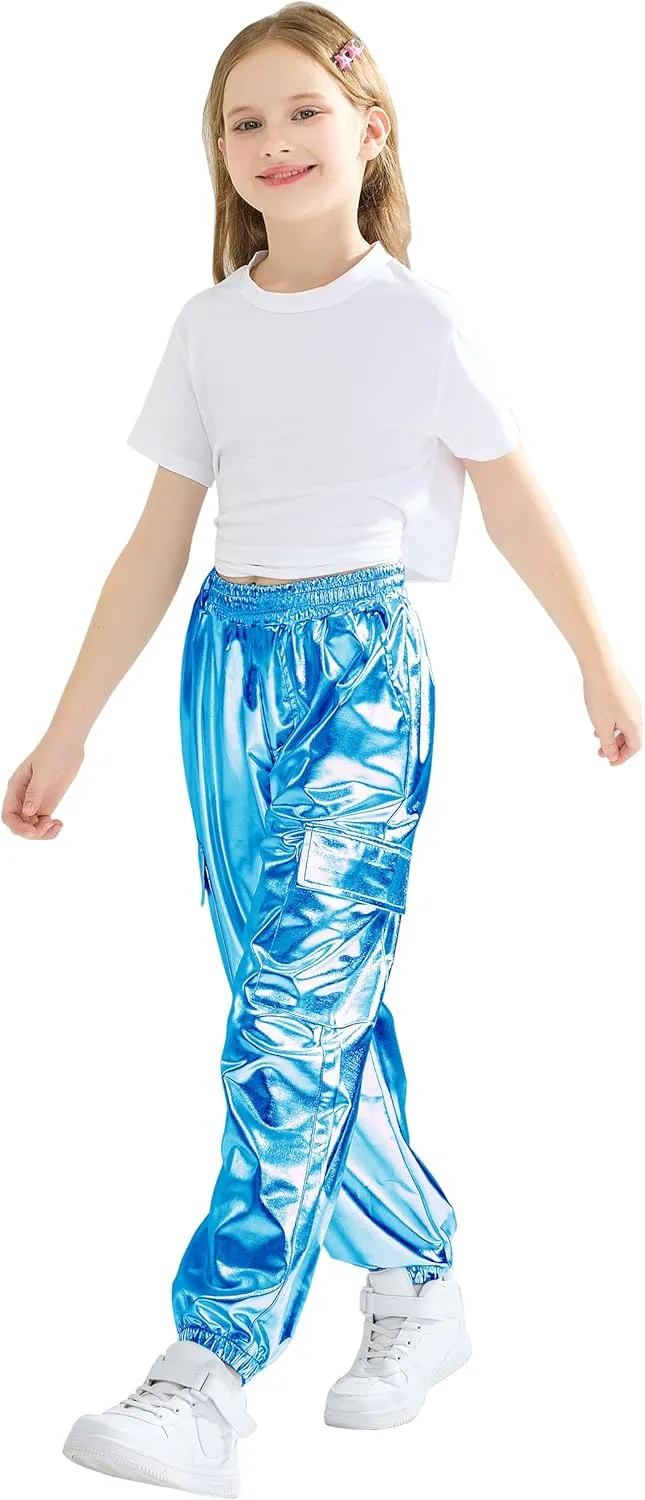 Rolanko Girls Shiny Metallic Cargo Pants, Sparkle Jogger Pants for Girls Hip Hop Dance Streetwear Cargo Trousers 6-15 Years