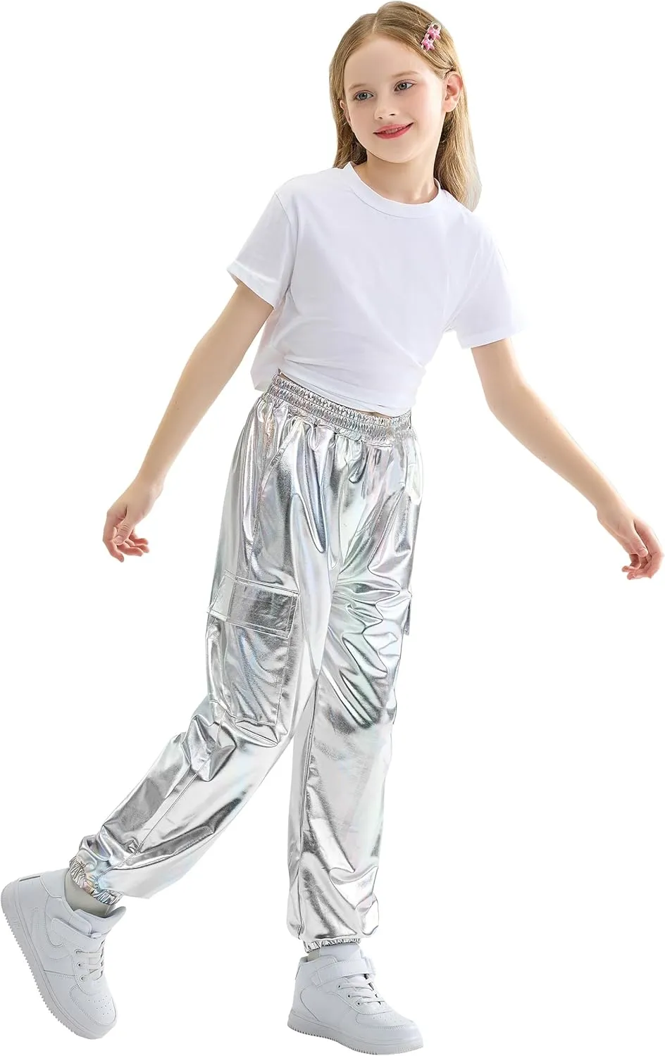 Rolanko Girls Shiny Metallic Cargo Pants, Sparkle Jogger Pants for Girls Hip Hop Dance Streetwear Cargo Trousers 6-15 Years