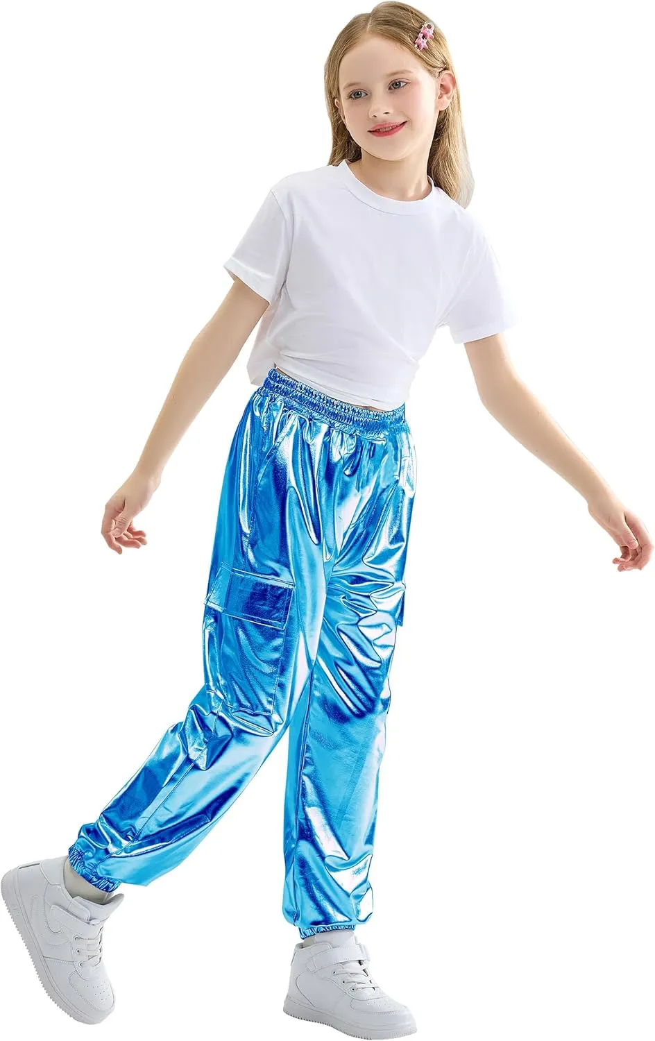 Rolanko Girls Shiny Metallic Cargo Pants, Sparkle Jogger Pants for Girls Hip Hop Dance Streetwear Cargo Trousers 6-15 Years