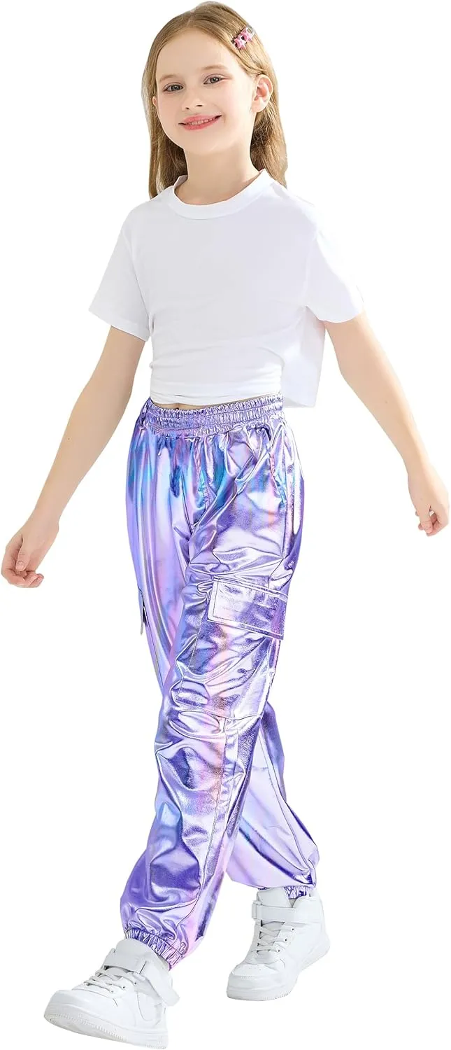 Rolanko Girls Shiny Metallic Cargo Pants, Sparkle Jogger Pants for Girls Hip Hop Dance Streetwear Cargo Trousers 6-15 Years