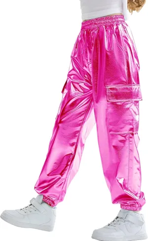 Rolanko Girls Shiny Metallic Cargo Pants, Sparkle Jogger Pants for Girls Hip Hop Dance Streetwear Cargo Trousers 6-15 Years