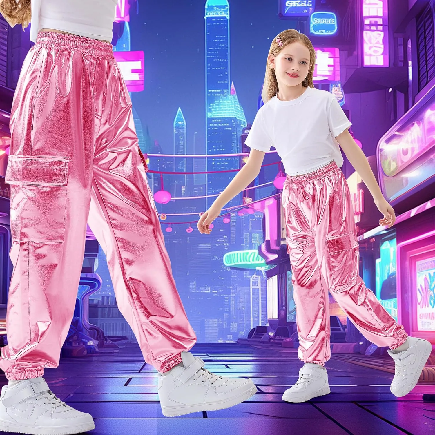 Rolanko Girls Shiny Metallic Cargo Pants, Sparkle Jogger Pants for Girls Hip Hop Dance Streetwear Cargo Trousers 6-15 Years