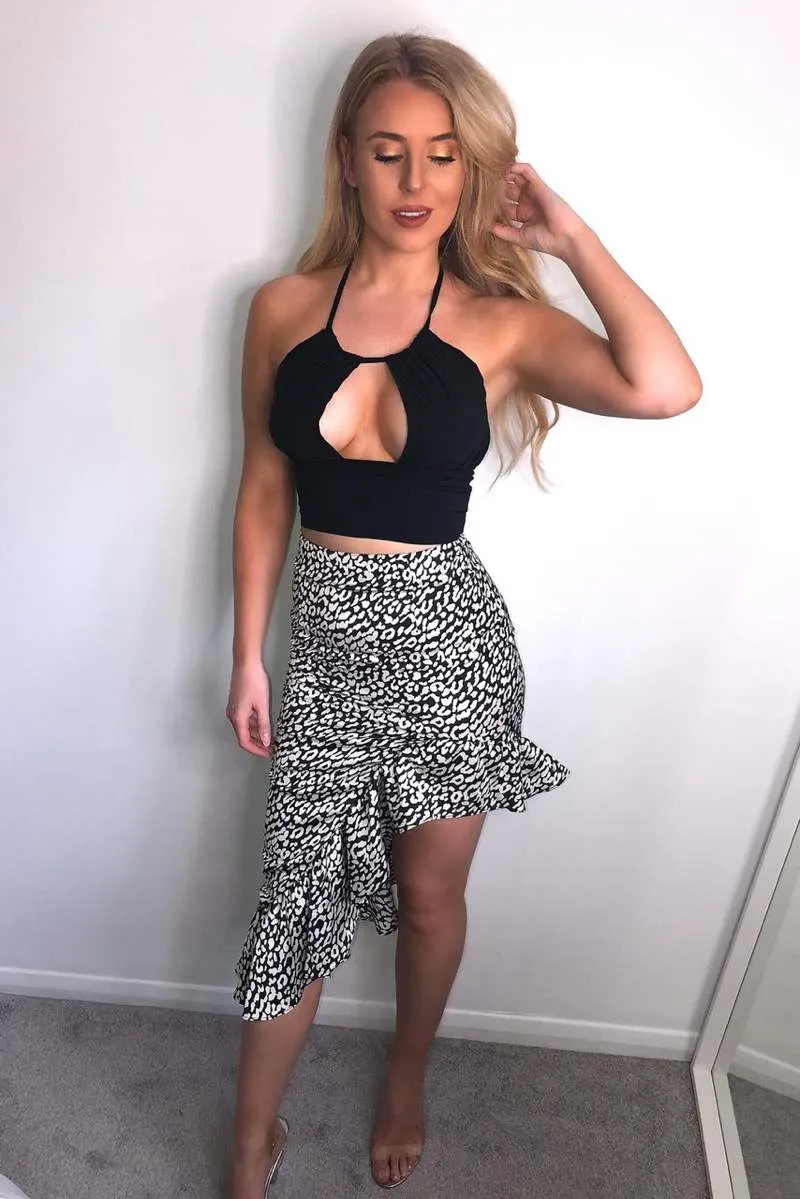 Satin Leopard Print Frill Midi Skirt - Black/White